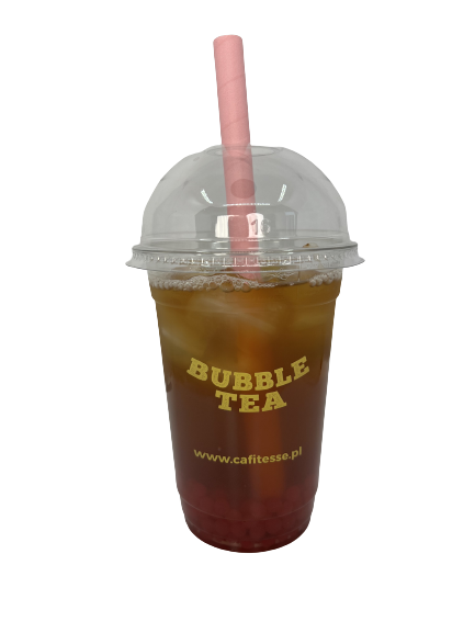 Plastikowy kubek z bubble tea z przezroczystą pokrywką i różową słomką, na którym znajduje się napis 'BUBBLE TEA' oraz adres internetowy 'www.cafitesse.pl'.