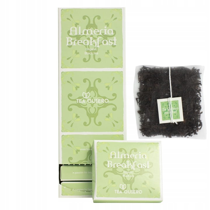 Opakowanie i torebka herbaty Almeria Breakfast od Tea Quiero, w kolorze zielonym z ornamentami.